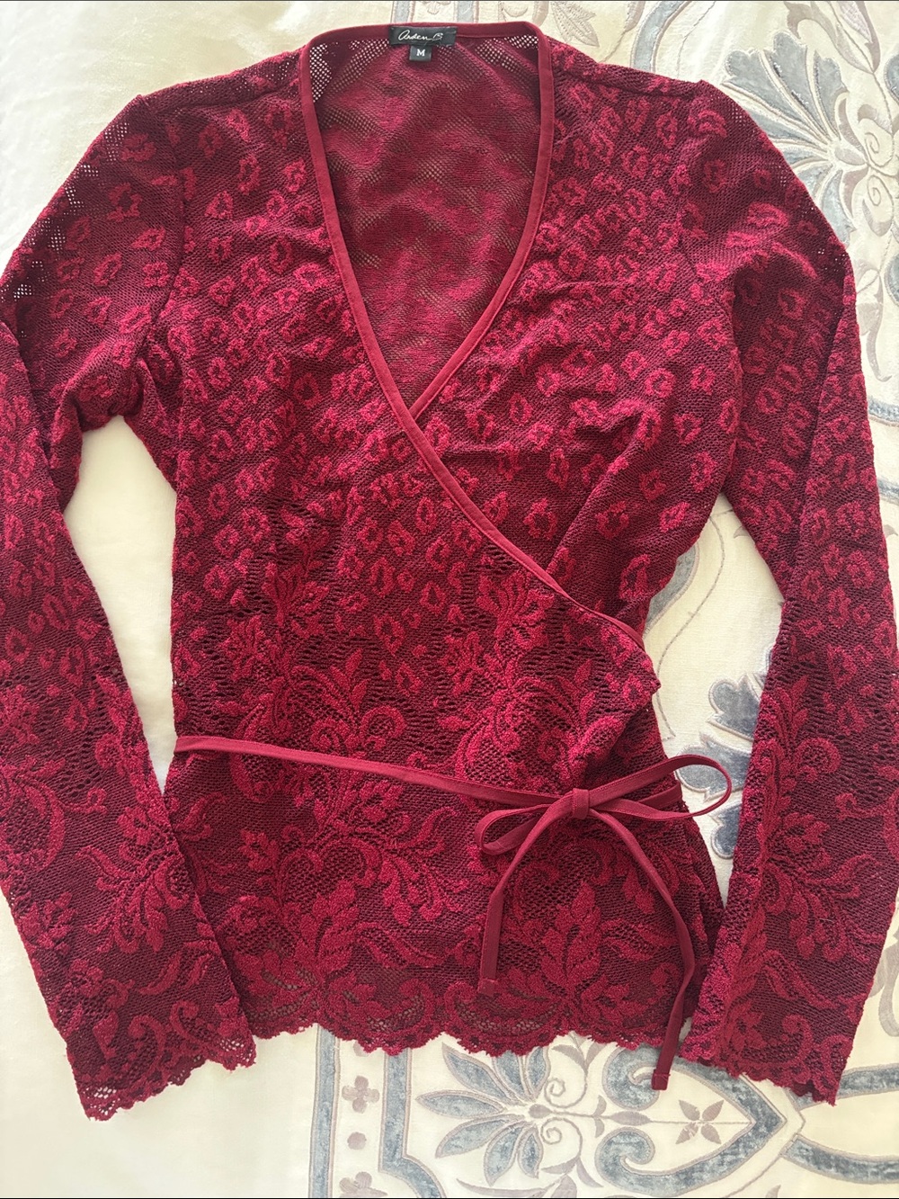 Arden B,  Burgundy Lace Wrap Top with Floral Motif -M